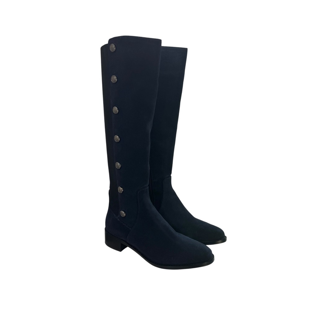 Vince Camuto Navy Blue Suede Tall Military Button Boots Knee High Side Zip 7.5